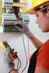 Wall Mural - Female electrician checking the wiring on a fusebox