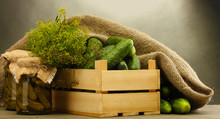 Fresh Cucumbers In Wooden Box, Pickles And Dill,