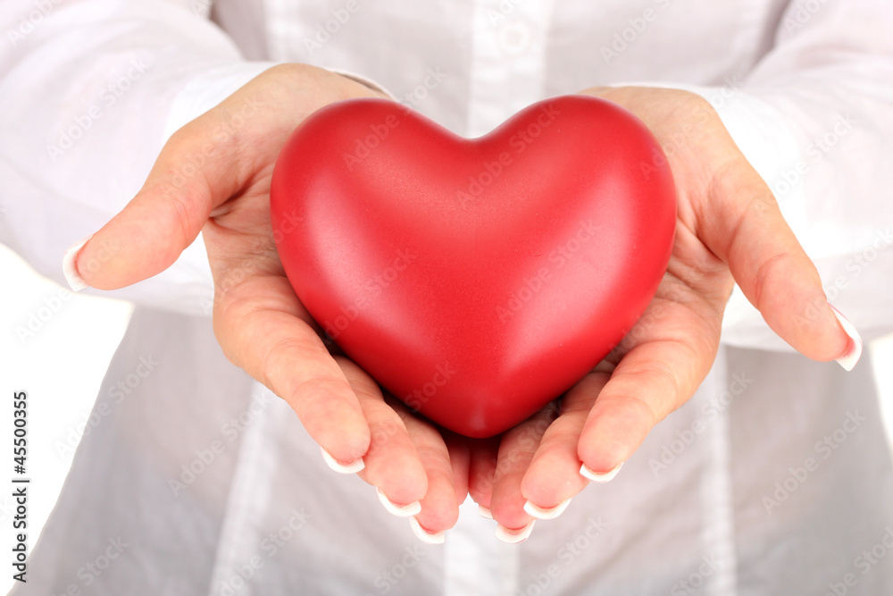 Red heart in woman's hands, on white background close-up