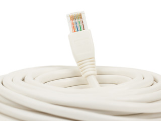 Close-up of a white RJ45 network plug