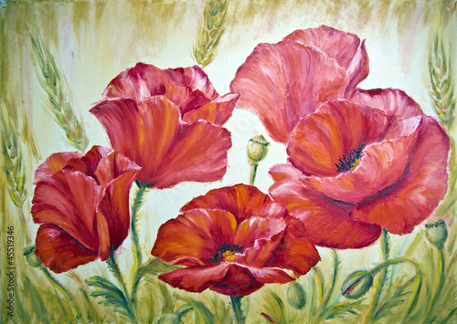 Naklejka na szybę Poppies in wheat , oil painting on canvas