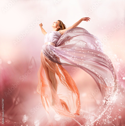 Naklejka ścienna Fairy. Beautiful Girl in Blowing Dress Flying. Magic