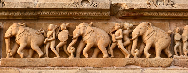 Fototapete - Stone carving bas relief panorama, Lakshmana Temple, Khajuraho,