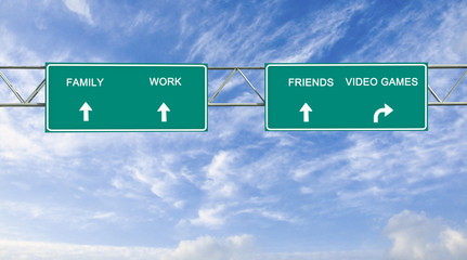 Wall Mural - Road sign to family, work, friends and video games