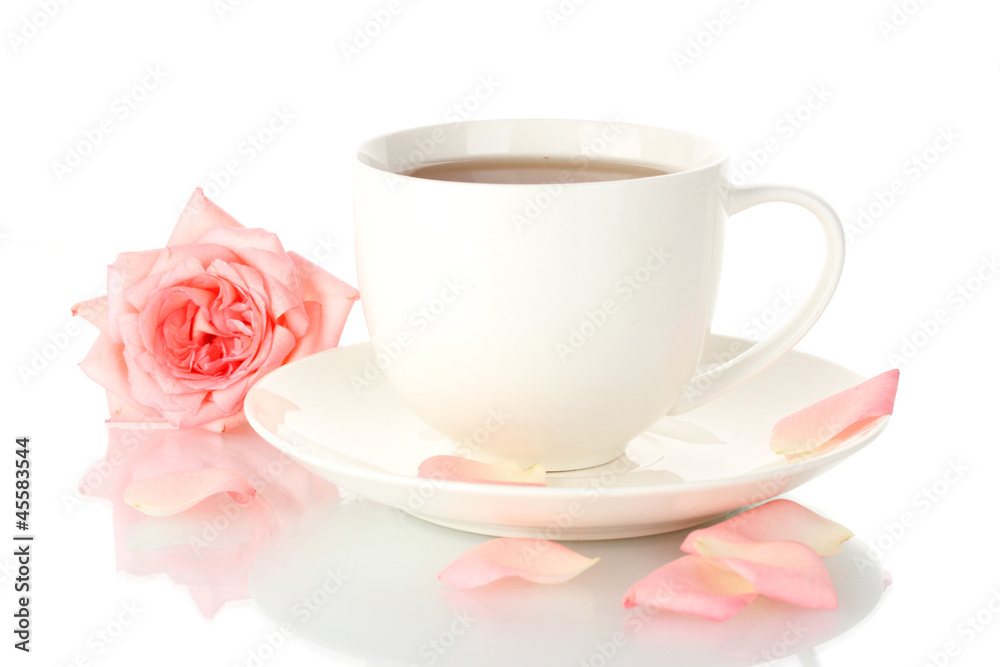 cup of tea with rose isolated on white