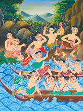 Long Boat Racing Painting On Wall In Temple