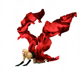 Woman with Red Silk Crawling on White Background