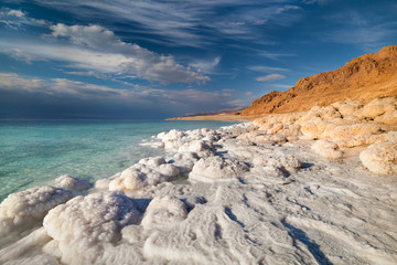 View of Dead Sea coastline at sunset time