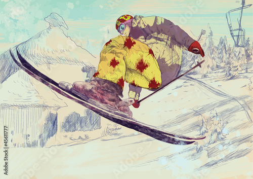 Naklejka ścienna Free style skier, trick (this is drawing converted into vector)