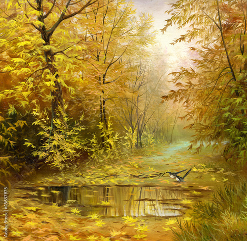 Naklejka - mata magnetyczna na lodówkę beautiful autumn landscape, canvas, oil