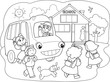Cartoon pupils going to school with school-bus