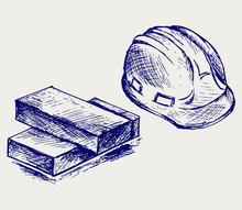Hard Hat And Bricks. Doodle Style