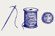 Spool With Threads And Sewing Button. Doodle Style