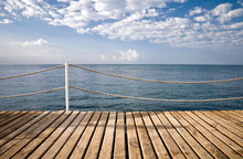 Wooden Pier With Railings. Mediterranean Sea, Alanya, Turkey