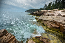 Ocean Waves Crashing On The Rocky Shore Of Acadia National Park