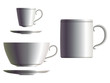 Set of white tea cup, coffee cup with saucer and tea mug. Eps10