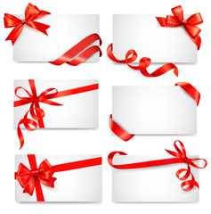 Poster - Set of card notes with red gift bows with ribbons