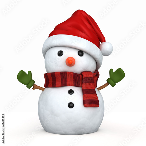 Fotografie, Obraz 3d render of a snowman wearing santa hat and gloves