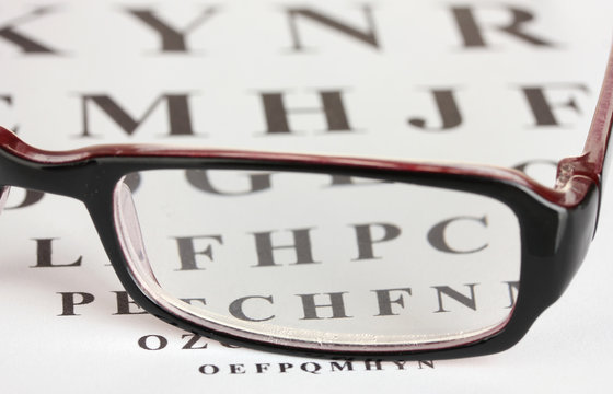 Eyesight test chart with glasses close-up