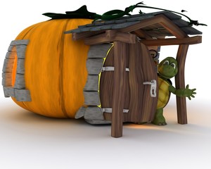 Wall Mural - Tortoise in Halloween Pumpkin Cottage