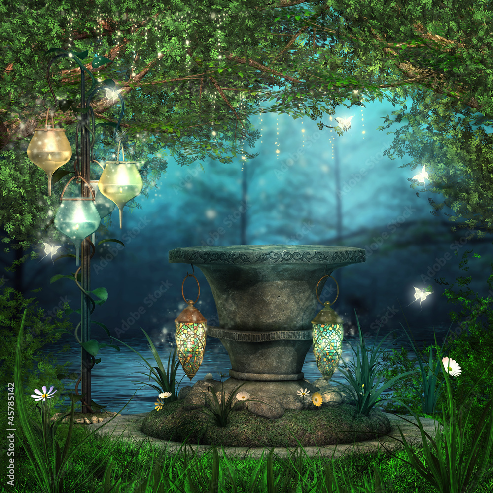 Ołtarz w lesie z magicznymi lampionami - obrazy, fototapety, plakaty 