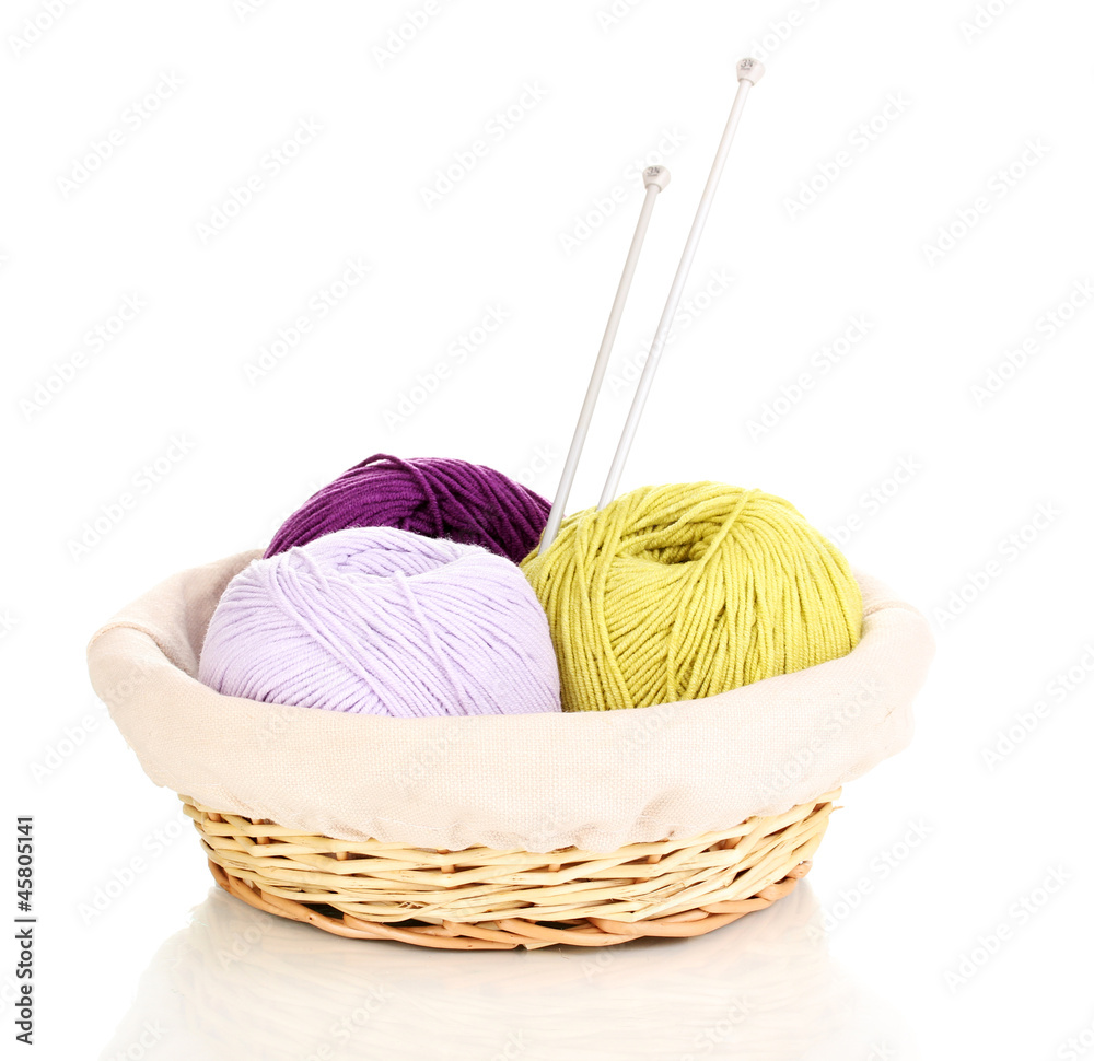 Knitting yarn in basket isolated on white
