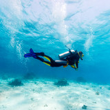 Fototapeta Do akwarium - Silhouette of Scuba Diver near Sea Bottom