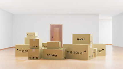 Home interior with cardboard boxes