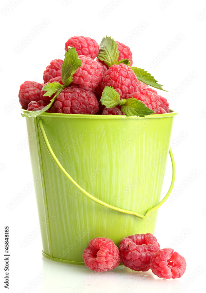 ripe raspberries with mint in bucket, isolated on white