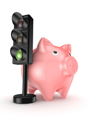 Wall Mural - Traffic light and pink piggy bank.