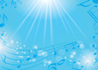 blue musical background with notes and rays - vector