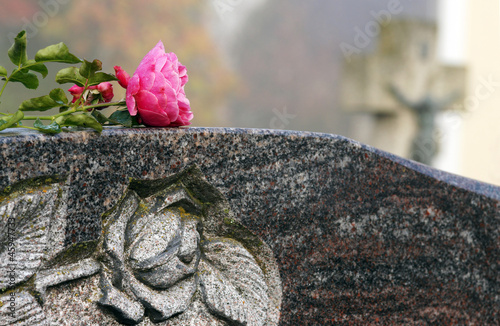 Fototapeta dla dzieci Grabstein mit Rose, Friedhof, Copy space