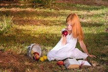 Девочка сидит на поляне с яблоками