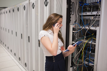 Poster - Woman on the phone holding tablet pc checking the servers