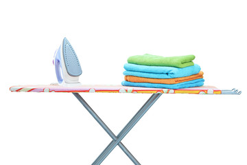 Studio shot of iron and towels on ironing board