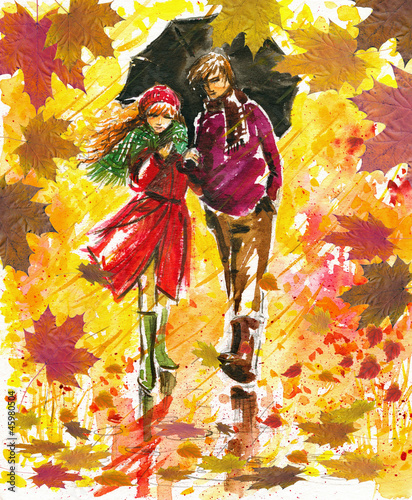Naklejka na szybę Autumn walk-watercolors