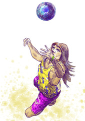 Sticker - Volleyball player (Beach volleyball). Full-sized hand drawing