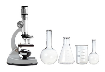 laboratory metal microscope and empty test tubes isolated on whi