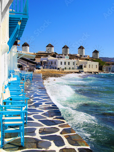 Fototapeta na wymiar View of the famous windmills of Mykonos town, Greece