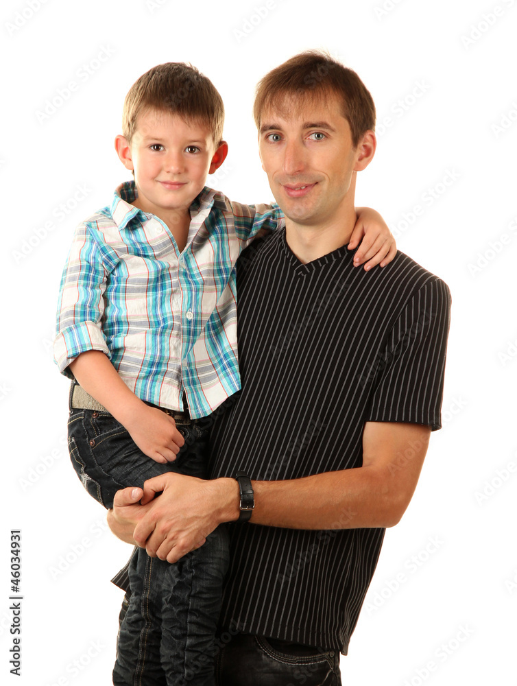 portrait of dad and son isolated on white