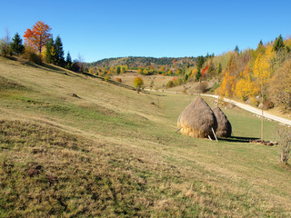 Canvas Print - two haystacks in the background of the mountains