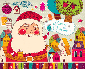 Wall Mural - Christmas illustration with funny Santa Claus