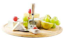 Cheese And Grapes On Wooden Platter