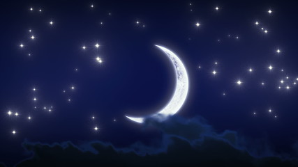 beautiful new moon with stars and clouds. looped animation