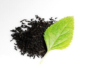 black tea with leaf isolated on white background