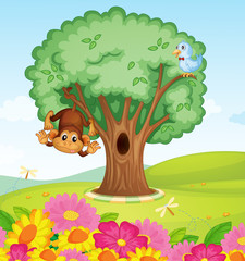 Sticker - a monkey, a bird and a tree