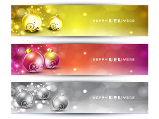 Sticker - Website headers or banners with decorative Xmas balls on snow fl