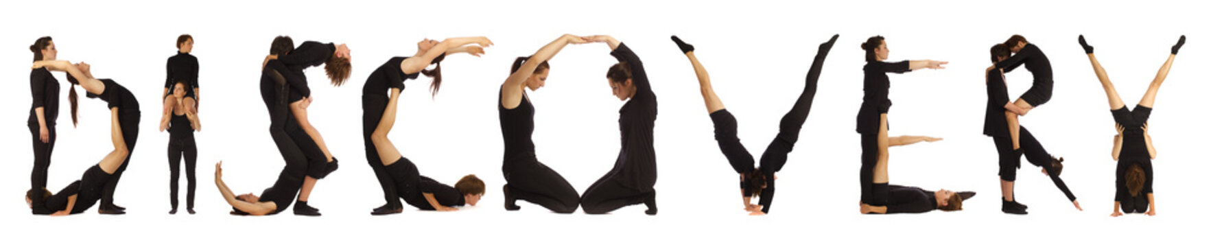 Black dressed people forming DISCOVERY word over white 