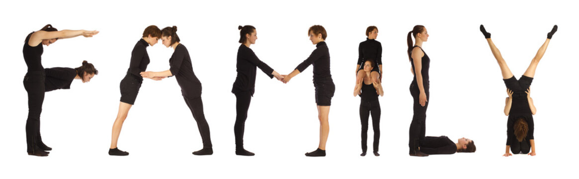 Black dressed people forming FAMILY word over white 
