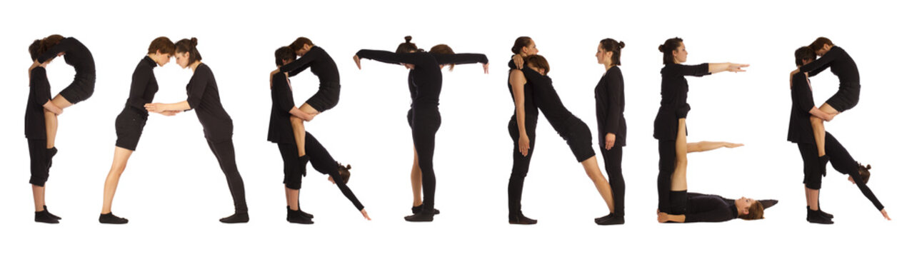 Black dressed people forming PARTNER word over white